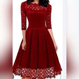 Vtg Helyo Fashion Vivrant Red Lace Small Size Dress Flare Siluet Midi